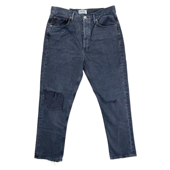 NWT AGOLDE Riley High Rise Crop Jeans Size 29 – Washed Black Distressed Raw Hem - Picture 4 of 11